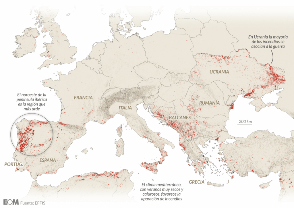 Cinco mapas y gráficos para entender los incendios en España, el país que más arde de Europa foto mapa de incendios en europa 2026