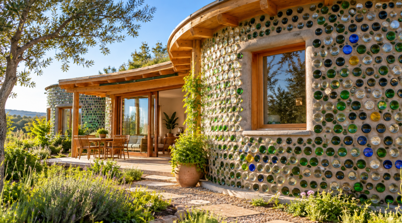 casa ecológica de botellas en el jardín