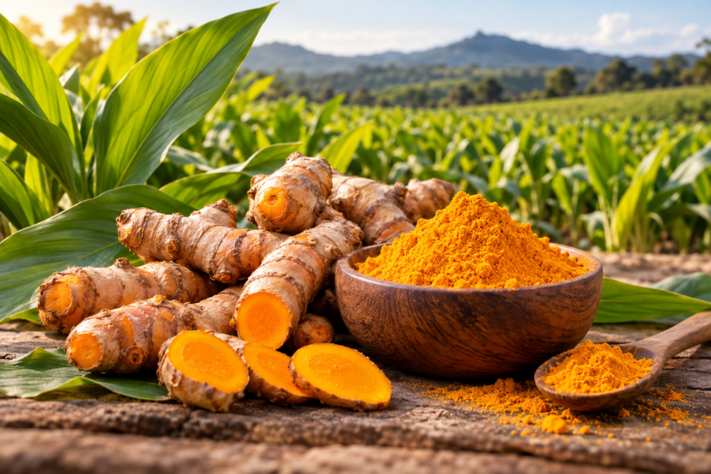 cúrcuma fresca en campo soleado