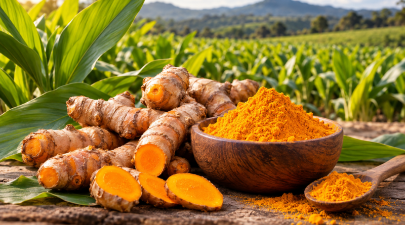 cúrcuma fresca en campo soleado