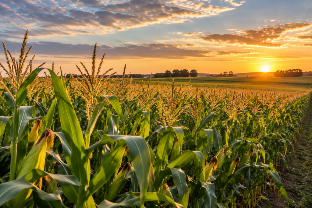 El maíz argentino mantiene un fuerte ritmo comercial, mientras el USDA suma 7,2 millones de toneladas a los stocks de EE. UU. maizal dorado al atardecer